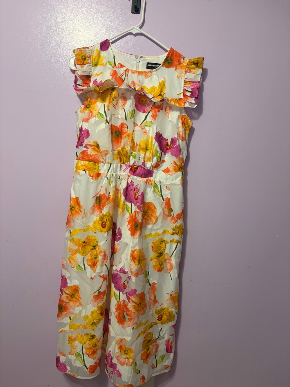 Karl Lagerfeld White Jumpsuit Dress with Orange, Pink & Yellow Floral Print